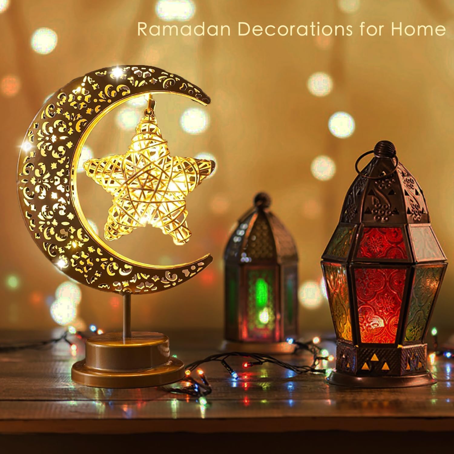 Lifnatty half moon lights on table provide soft, inviting Eid mood.