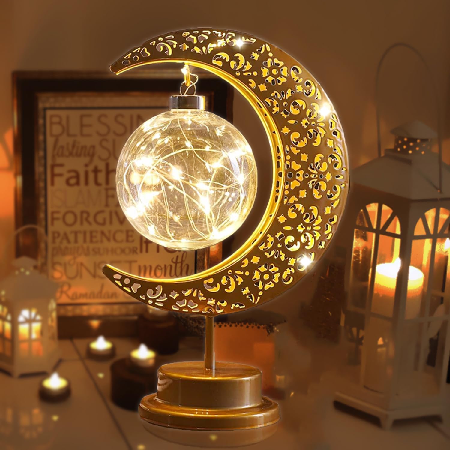 Lifnatty Moon Lamp with golden crescent creates warm Ramadan ambience
