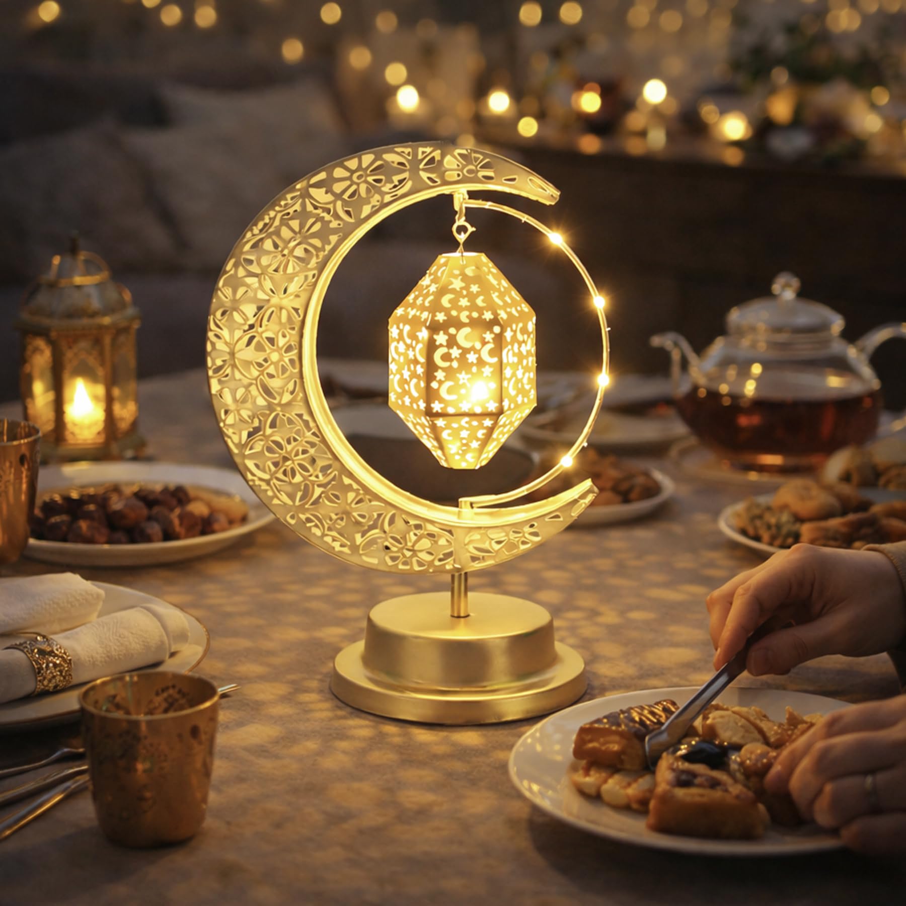 Lifnatty lantern with hollow patterns casts serene light and shadows.