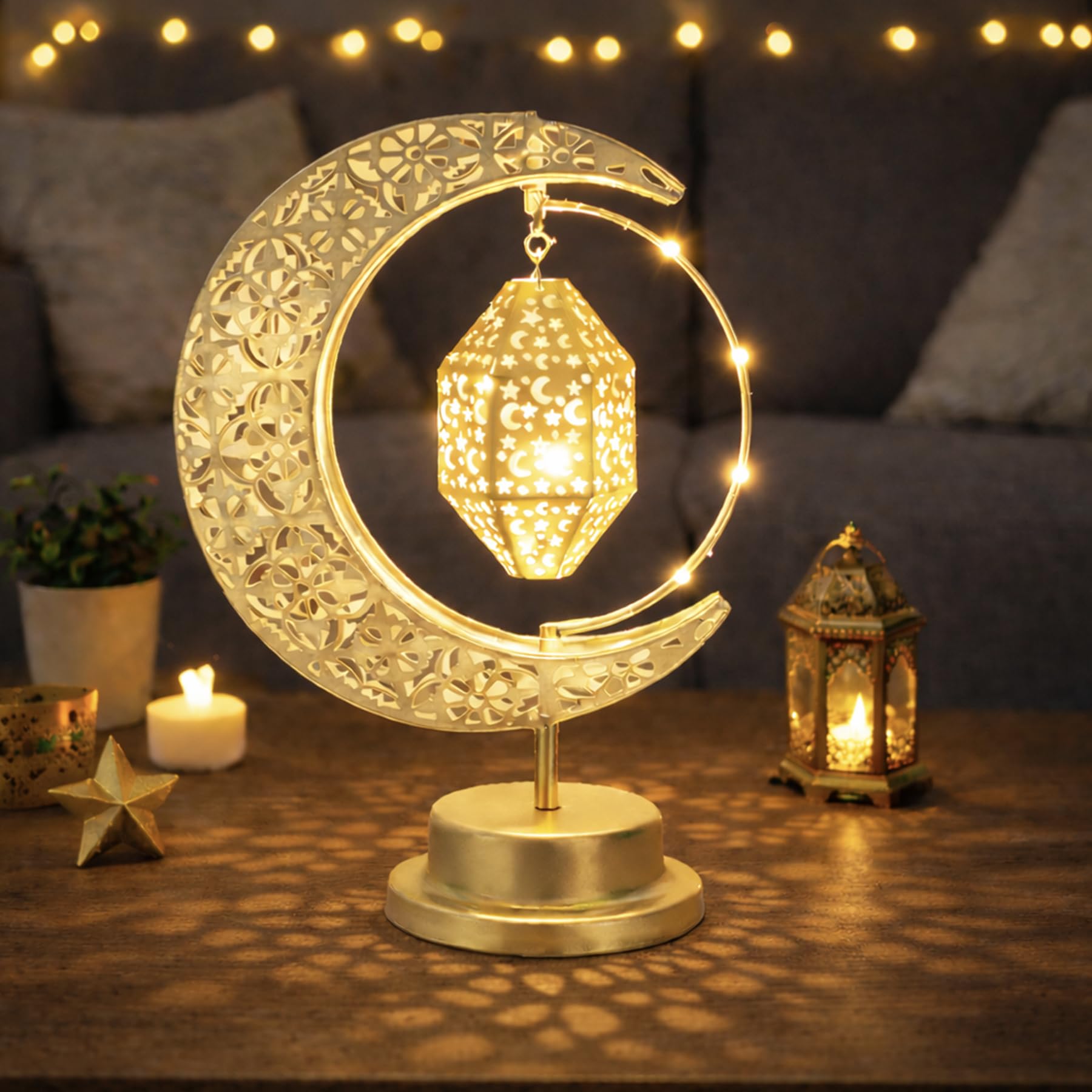 Lifnatty Ramadan Moon Lamp with 360° rotation enhances Iftar centerpiece.