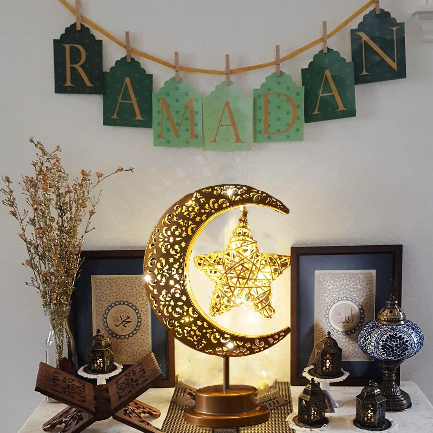 Lifnatty vintage metal moon star projection enhances Ramadan decor day and night.