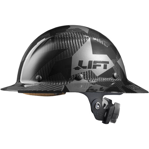 LIFT DAX carbon fiber full brim hard hat front view showing lightweight, durable shell for protection
