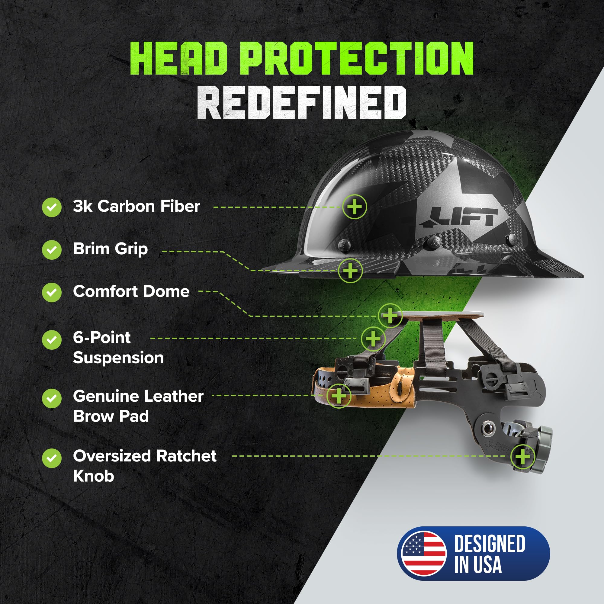 LIFT DAX carbon fiber full brim hard hat side view with secure 6-point suspension