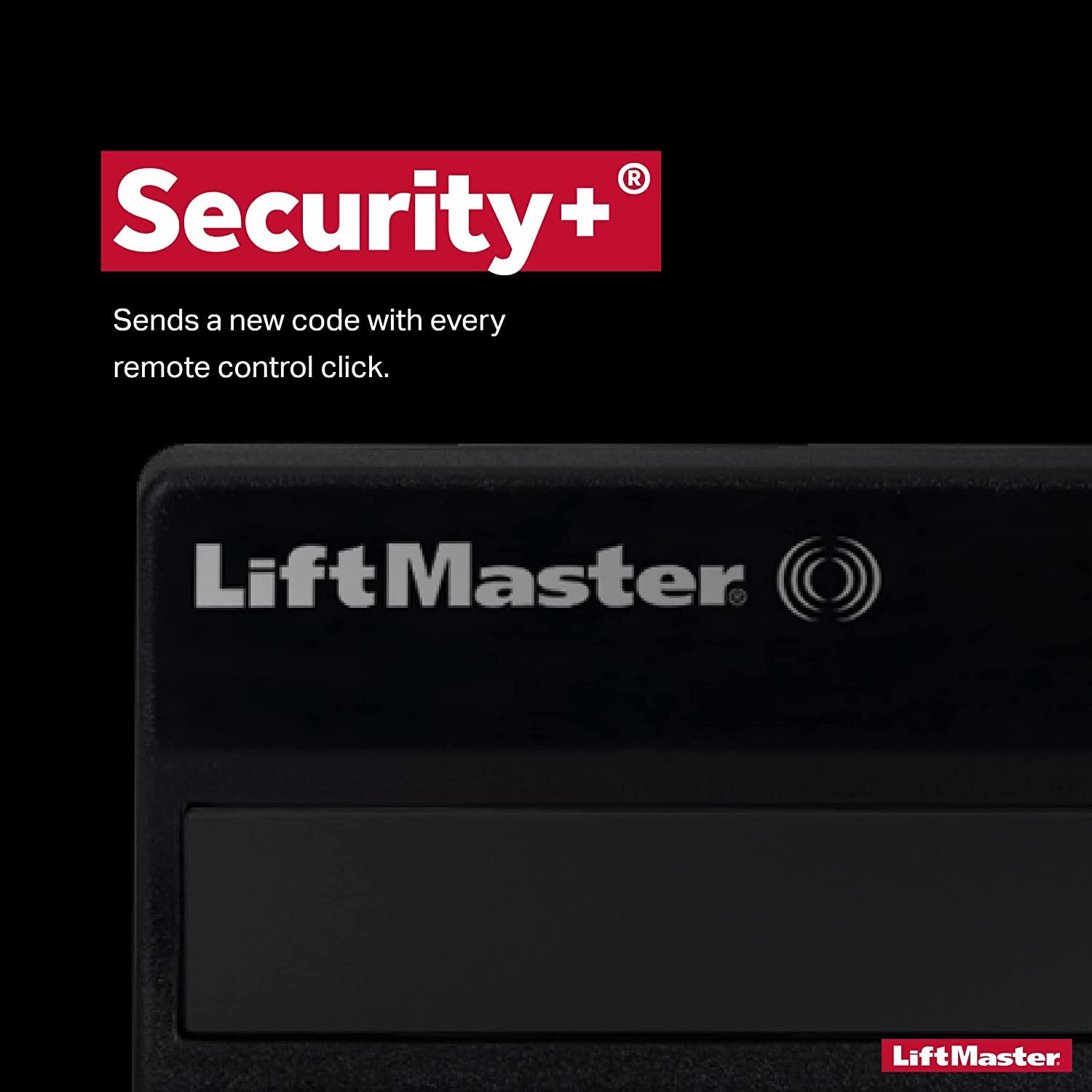 LiftMaster 371LM remote in hand beside the garage door for easy access
