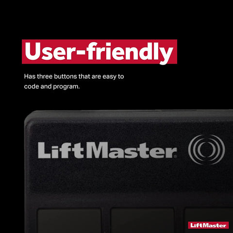 LiftMaster 373LM remote buttons closeup highlights simple operation.