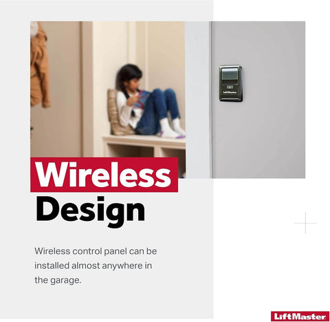 LiftMaster 885LM battery-operated panel with a large push button for easy use.