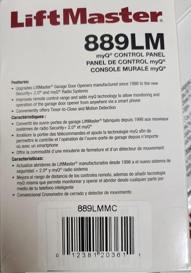 Installation guide visuals for mounting the LiftMaster 889LMMC wall panel.