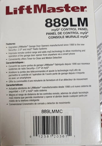 Installation guide visuals for mounting the LiftMaster 889LMMC wall panel.