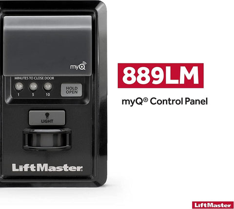 Close-up of LiftMaster 889LMMC wall panel buttons for door and light control.