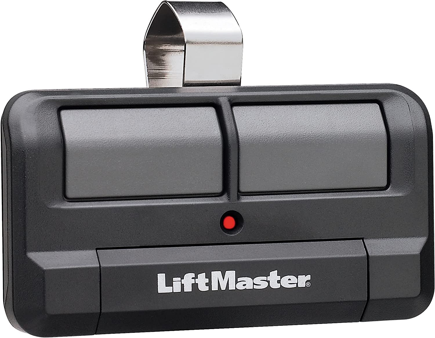 LiftMaster 892LT remote back view highlights battery and pairing area for quick setup.