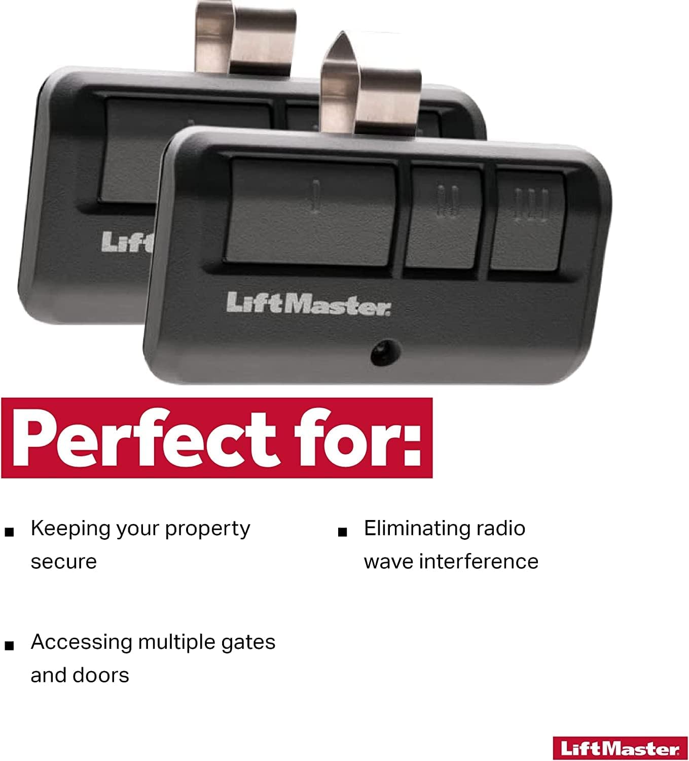 LiftMaster 893LM remote packaging showing compact, portable design for storage.