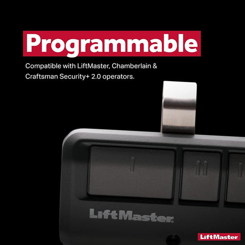 LiftMaster 893LM remote yellow programming button shown for easy setup.