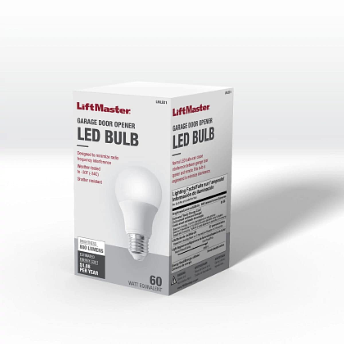 LiftMaster LMLED1 bulb lit in a garage, providing daylight 5000K clarity for tasks.