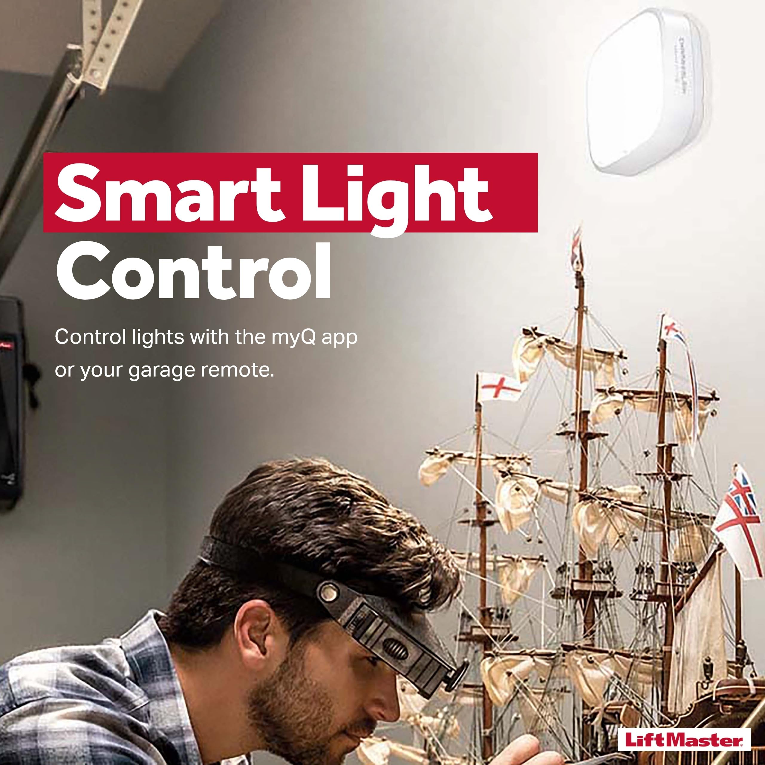 LiftMaster MyQ LED garage light plug-in operation for quick setup.