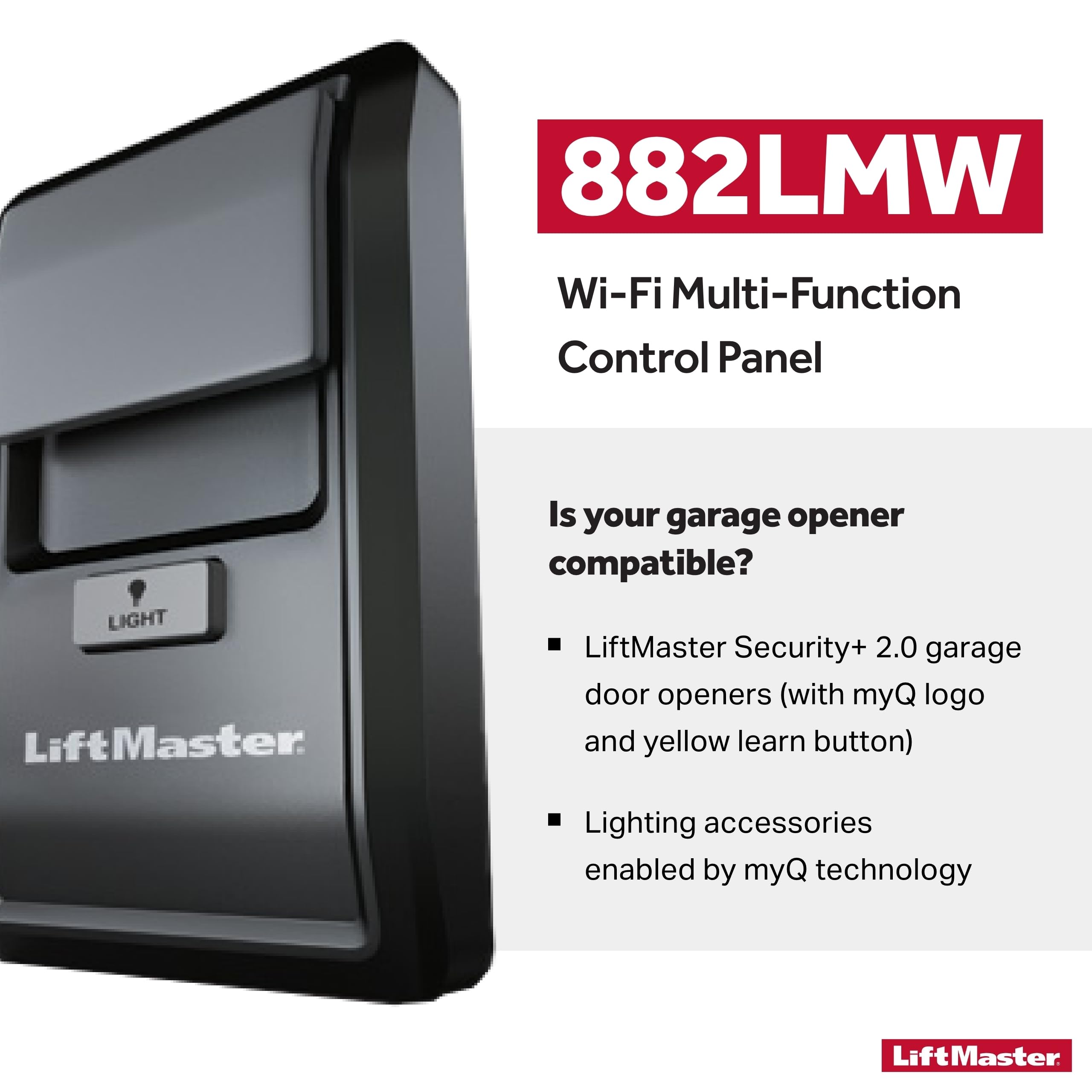 LiftMaster 882LMW compatibility close-up highlighting round yellow learn button.