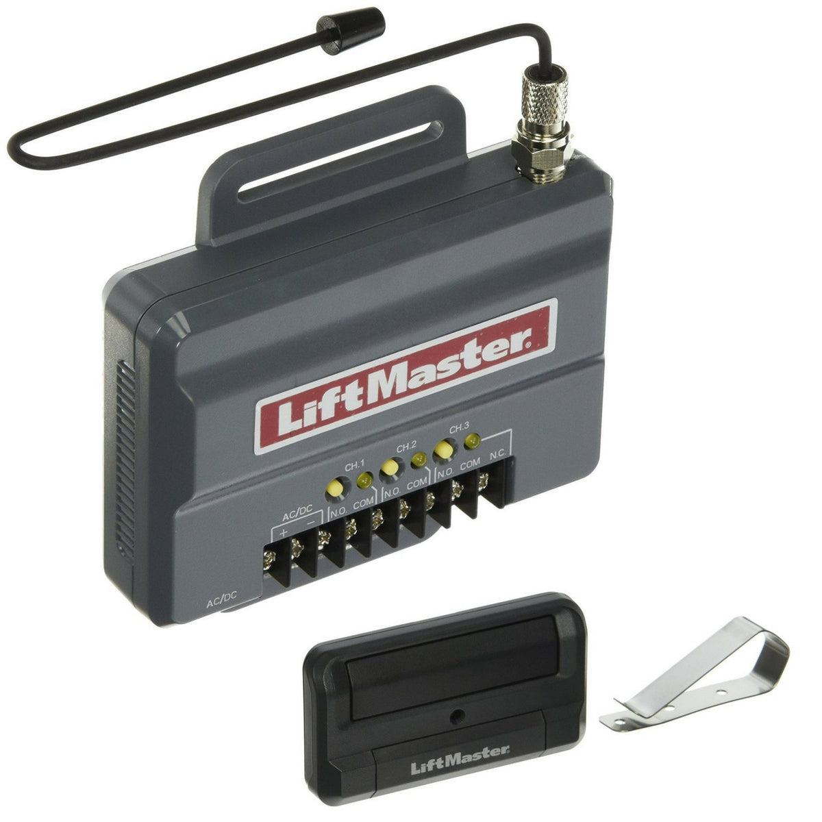 LiftMaster universal receiver 850LM and 811LM remote bundle for seamless opener compatibility.