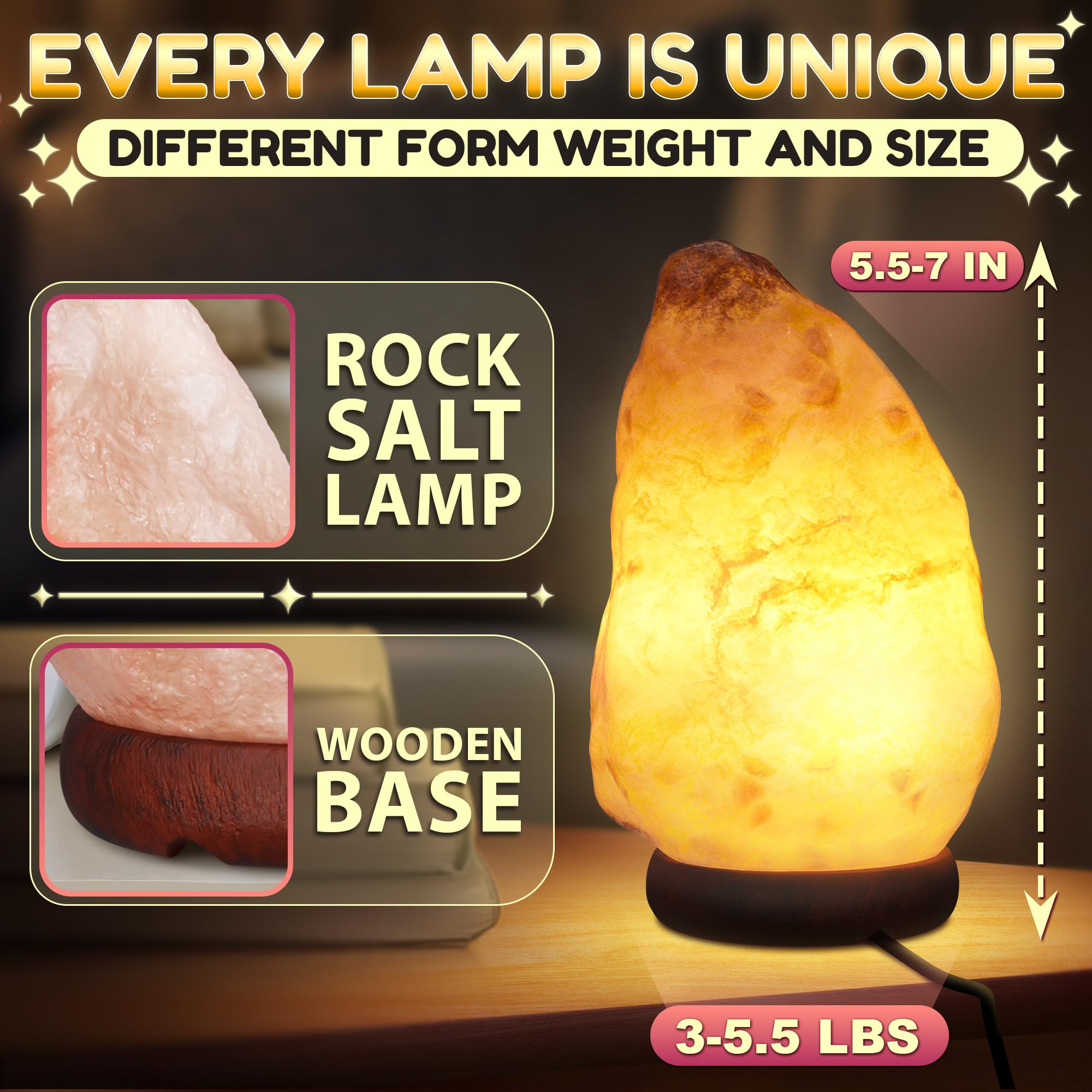 Light You wood base salt lamp with stable foundation on a desk or nightstand