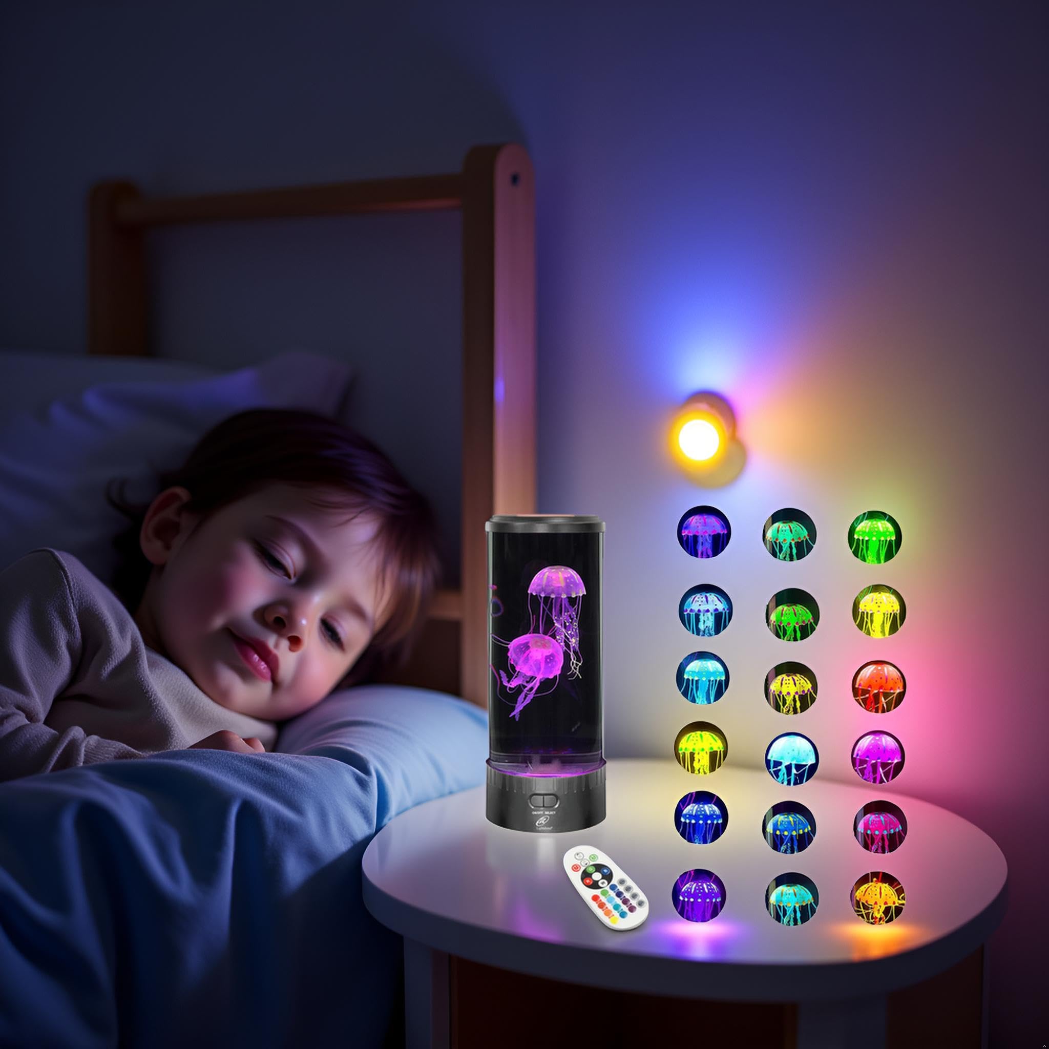 Lightahead jellyfish lamp in a kids’ bedtime setting improves calming atmosphere.