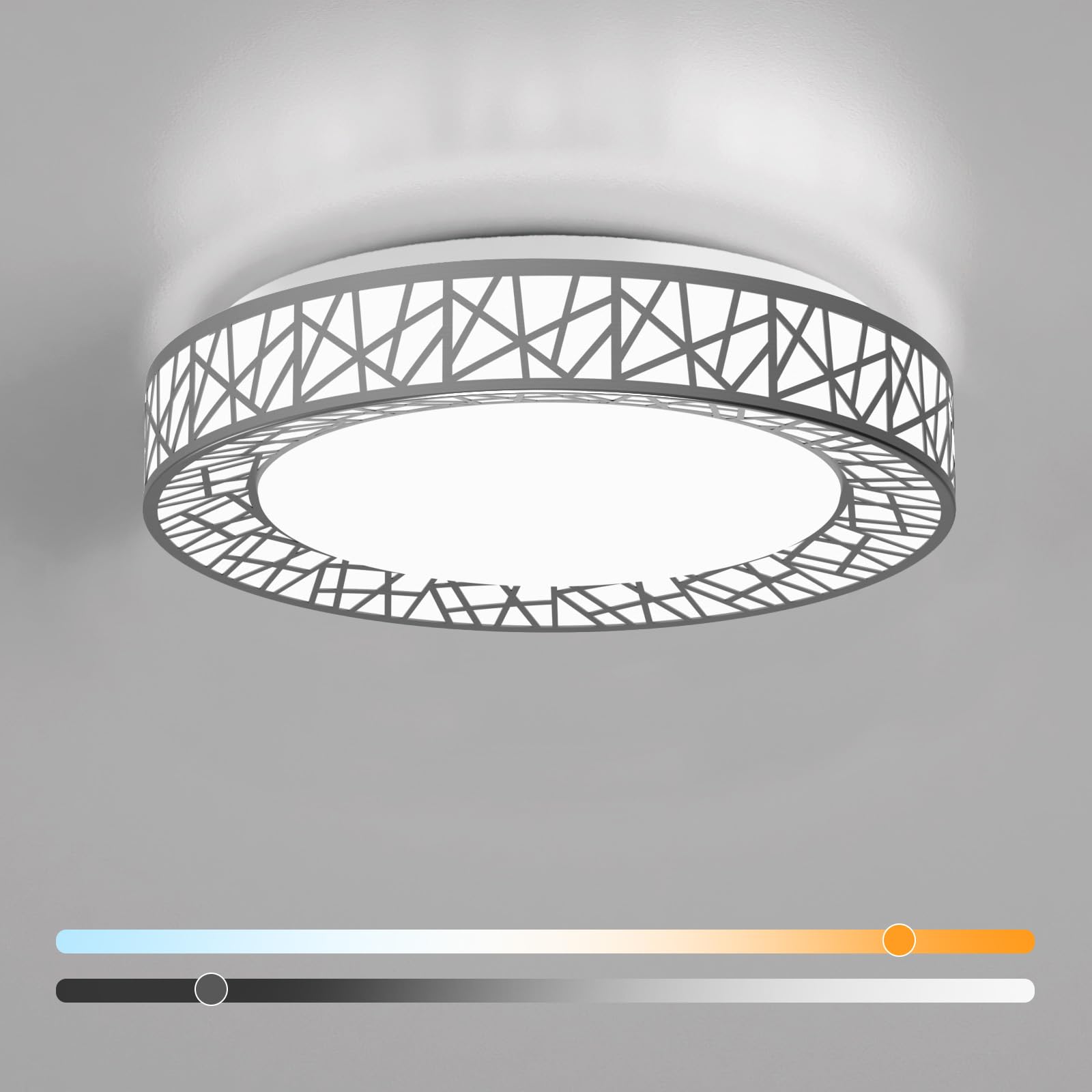 Lightania 14-inch flush mount in brushed nickel for modern spaces with even illumination.