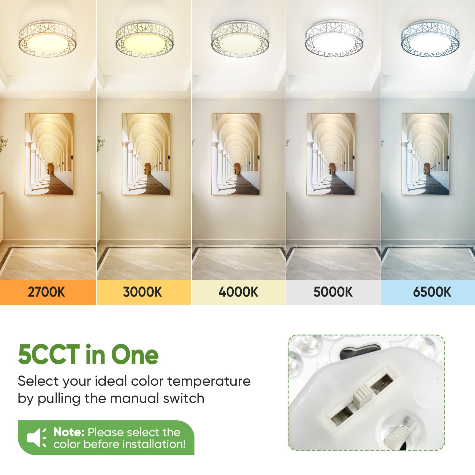 Lightania 5CCT toggle ceiling light allows warm to cool ambience.