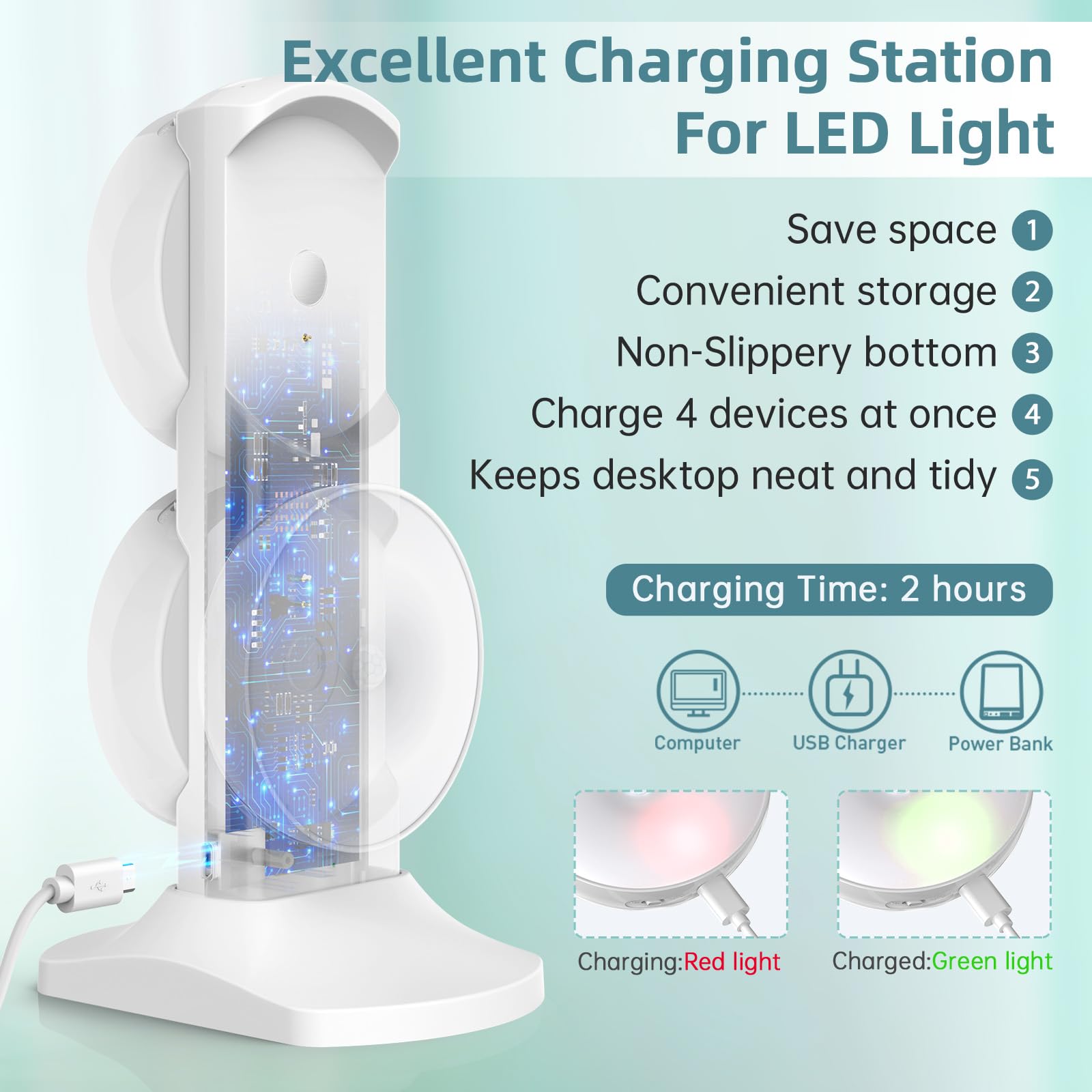 Lightbiz charging-station powers four puck lights via USB for easy recharging