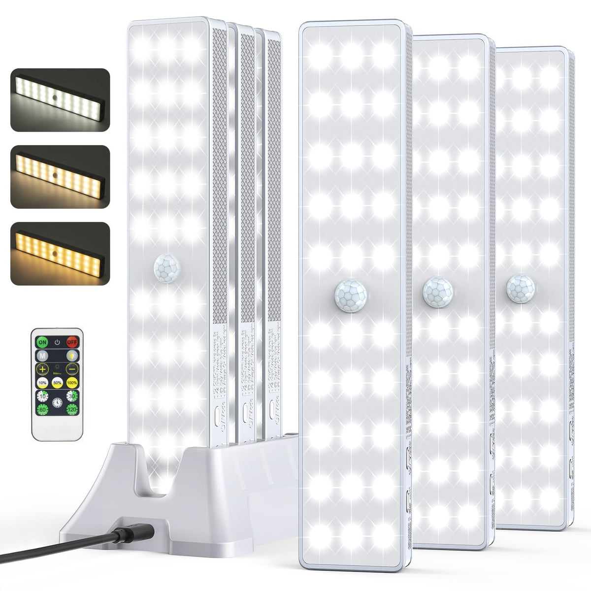Lightbiz LED closet light with charging station illuminates shelves while charging devices.