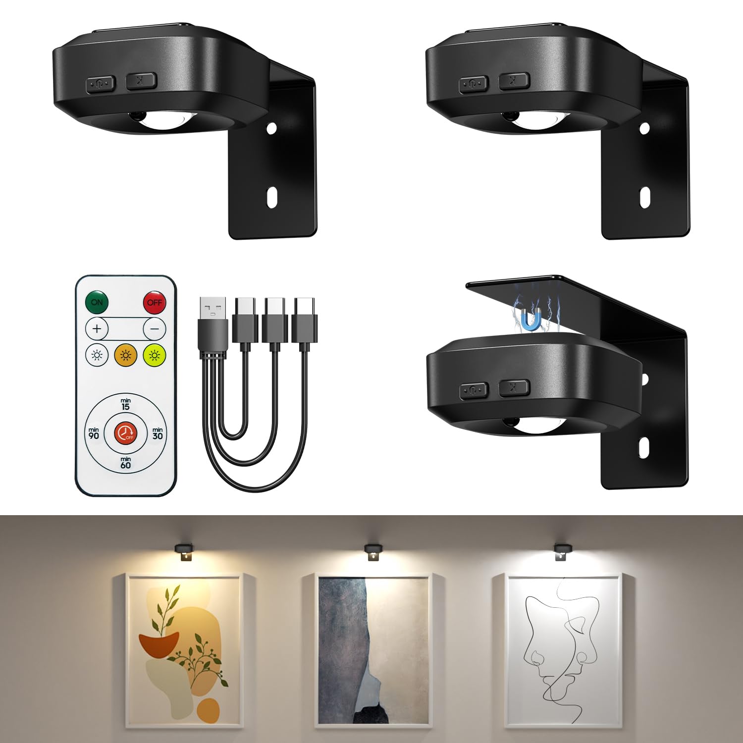 Lightbiz Picture Light 3-Pcs battery-powered brightens art with long-lasting illumination