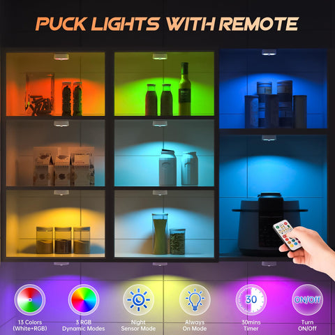 Lightbiz RGB puck light displaying color modes for ambient lighting