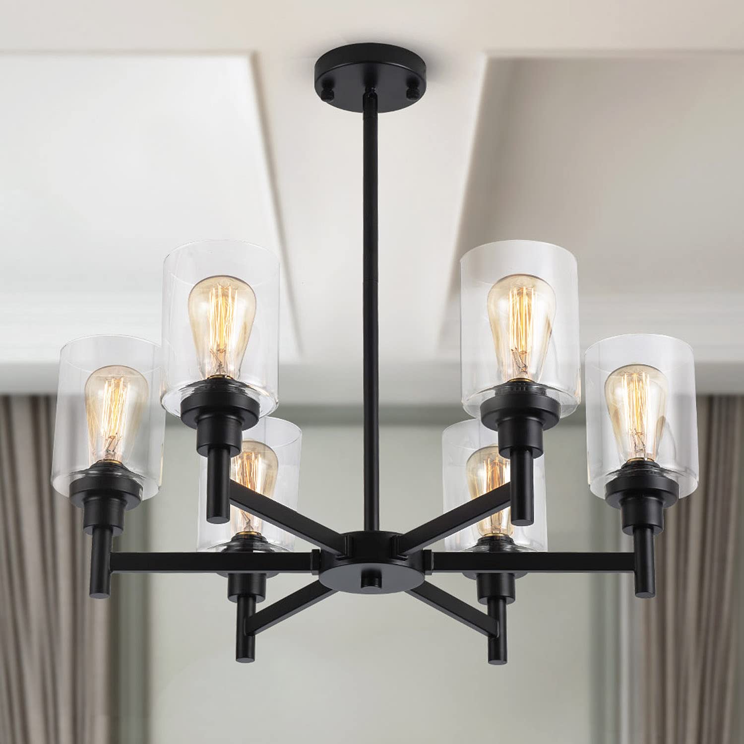 LIGHTDAMY black chandelier with six clear glass shades for dining table ambiance