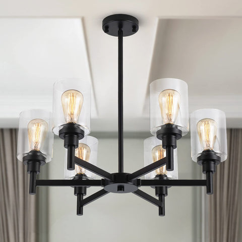 LIGHTDAMY black chandelier with six clear glass shades for dining table ambiance