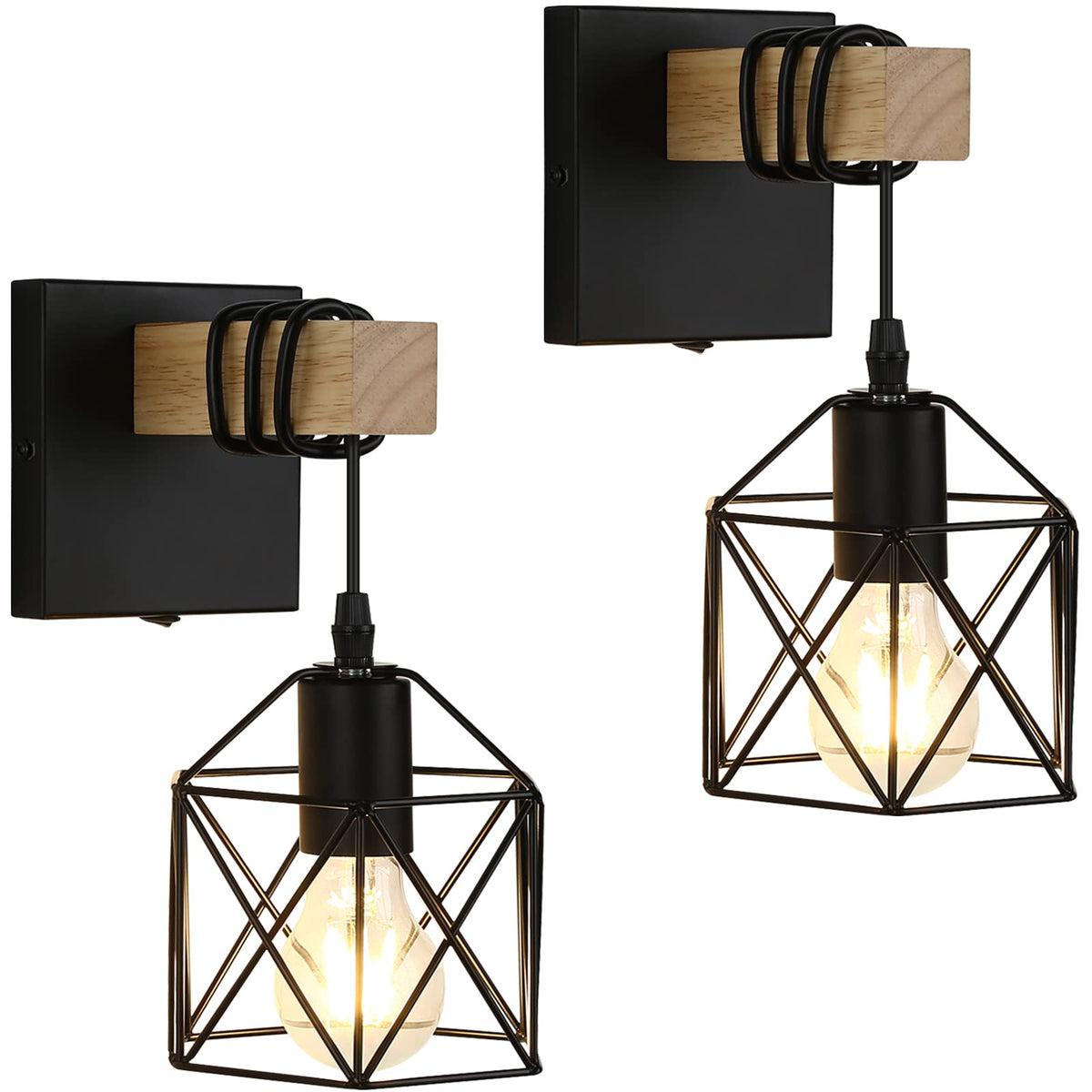 Lightess black 2-pack wall sconces with cage shade for industrial style lighting