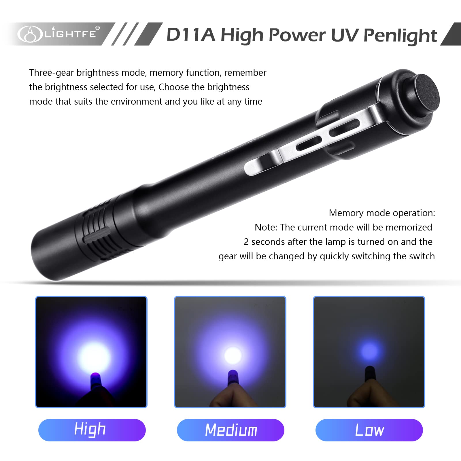 Lightfe D11A UV flashlight shows three modes for versatile lighting and detection
