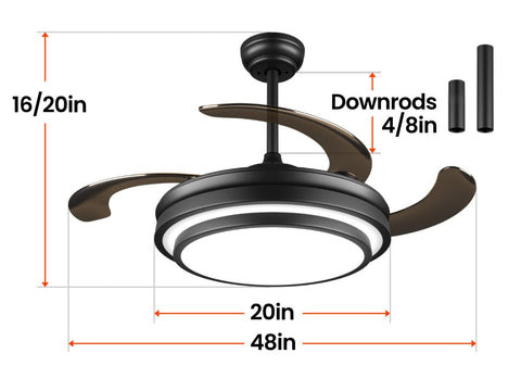Lightimes retractable ceiling fan retracted, compact and neat, ideal for bedrooms.