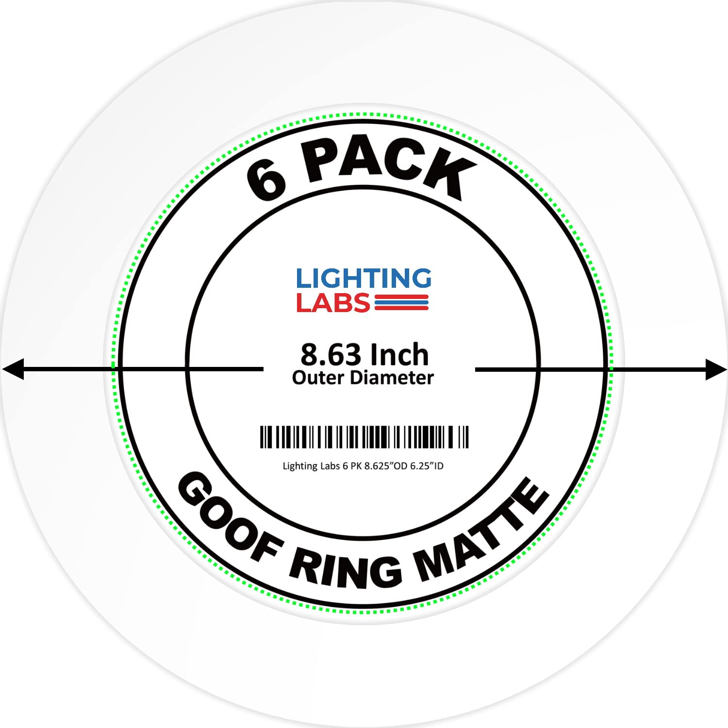 Lighting Labs goof trim ring for 8-inch cans with 8.6-inch outer diameter; hides gaps.