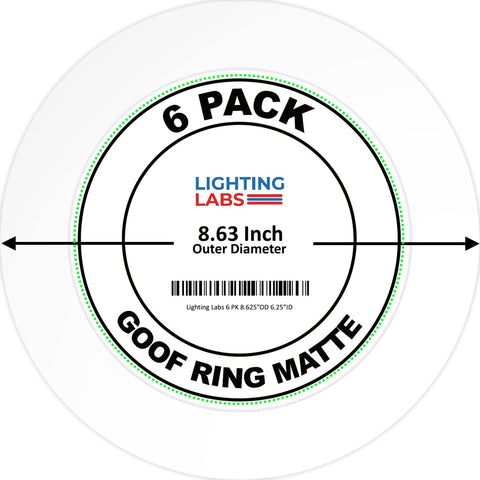 Lighting Labs goof trim ring for 8-inch cans with 8.6-inch outer diameter; hides gaps.