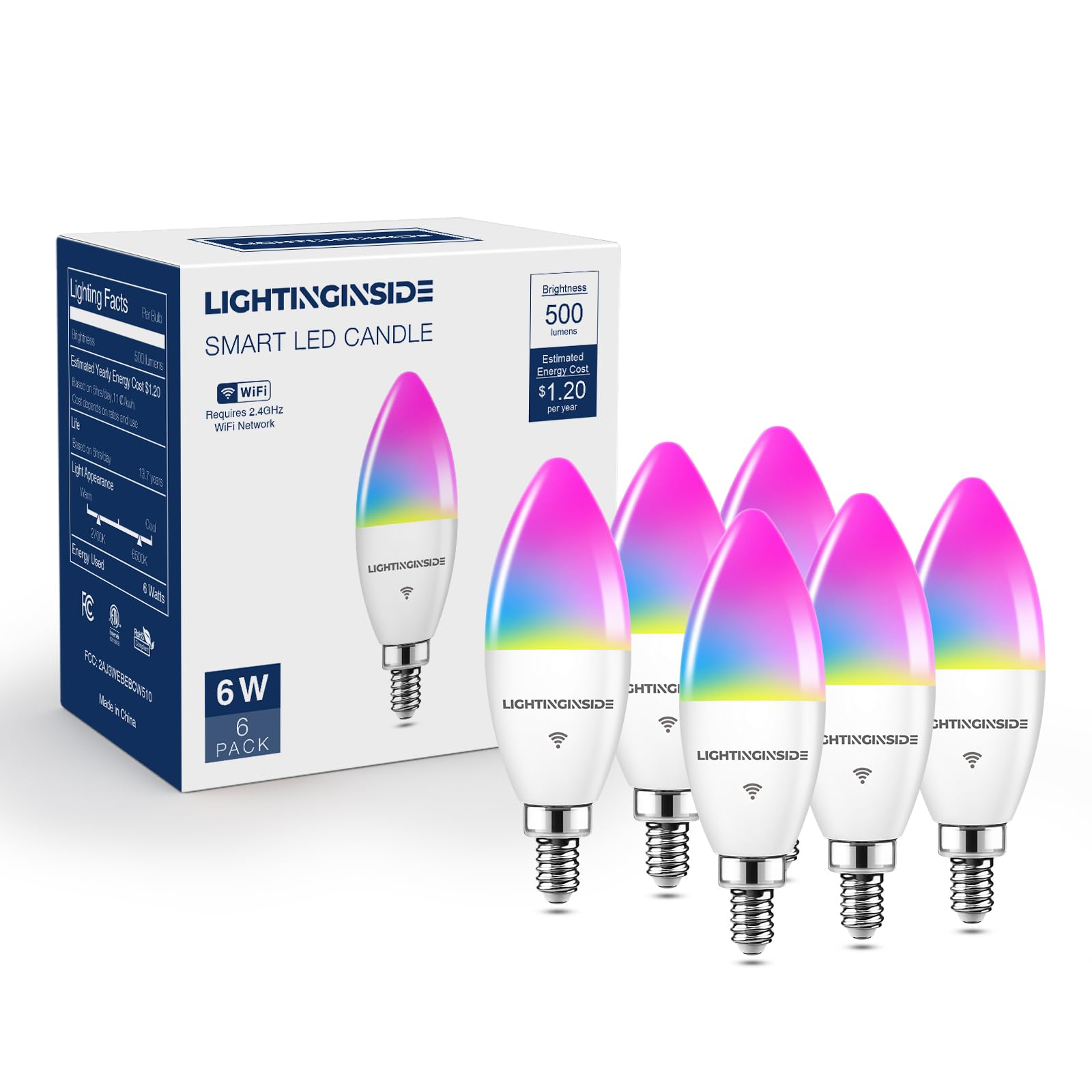 Lightinginside E12 smart bulbs showing color mood scenes for customizable ambience.