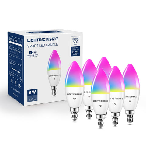 Lightinginside E12 smart bulbs showing color mood scenes for customizable ambience.