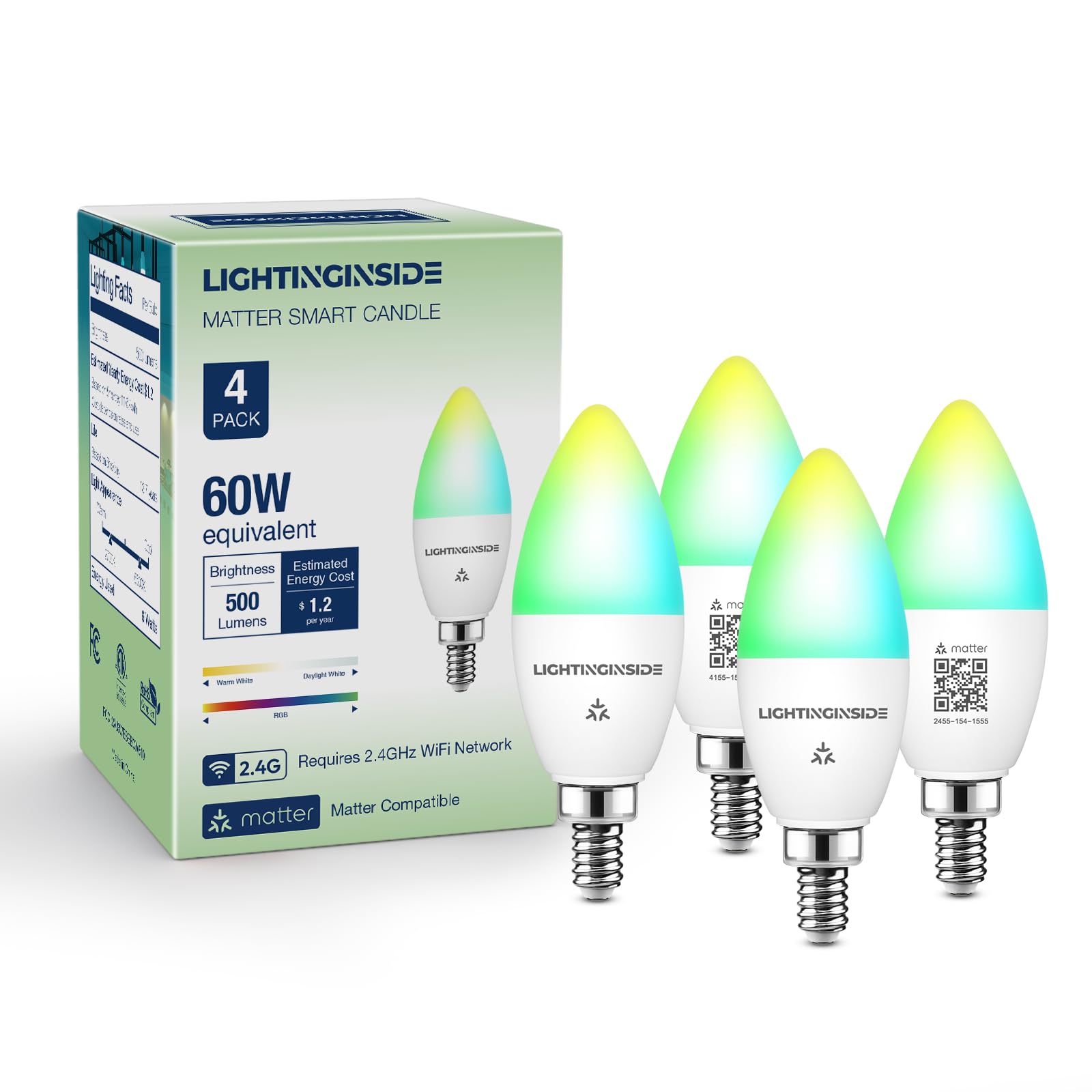 Lightinginside Matter candelabra bulb close-up showcasing RGBW color options for ambience.