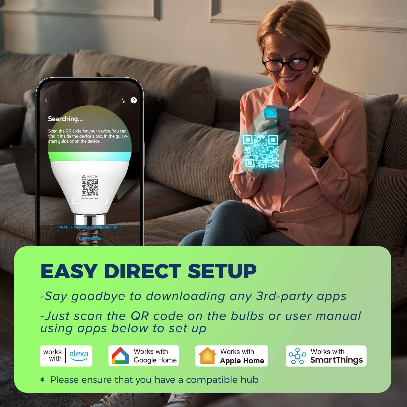 Lightinginside Matter E12 bulbs connected via 2.4 GHz WiFi for easy setup