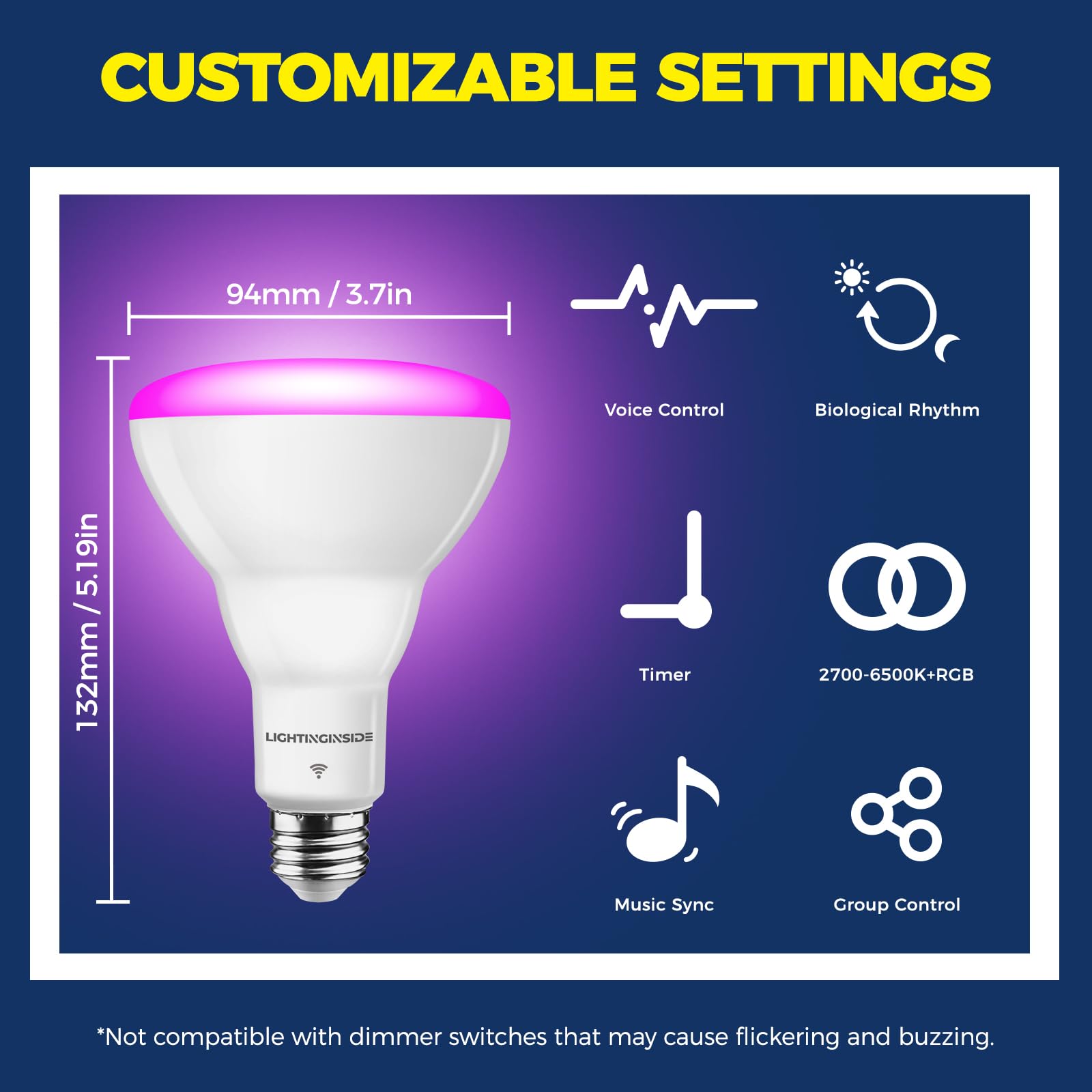 Lightinginside RGB-CW color-changing bulb provides 16 million colors for mood scenes.