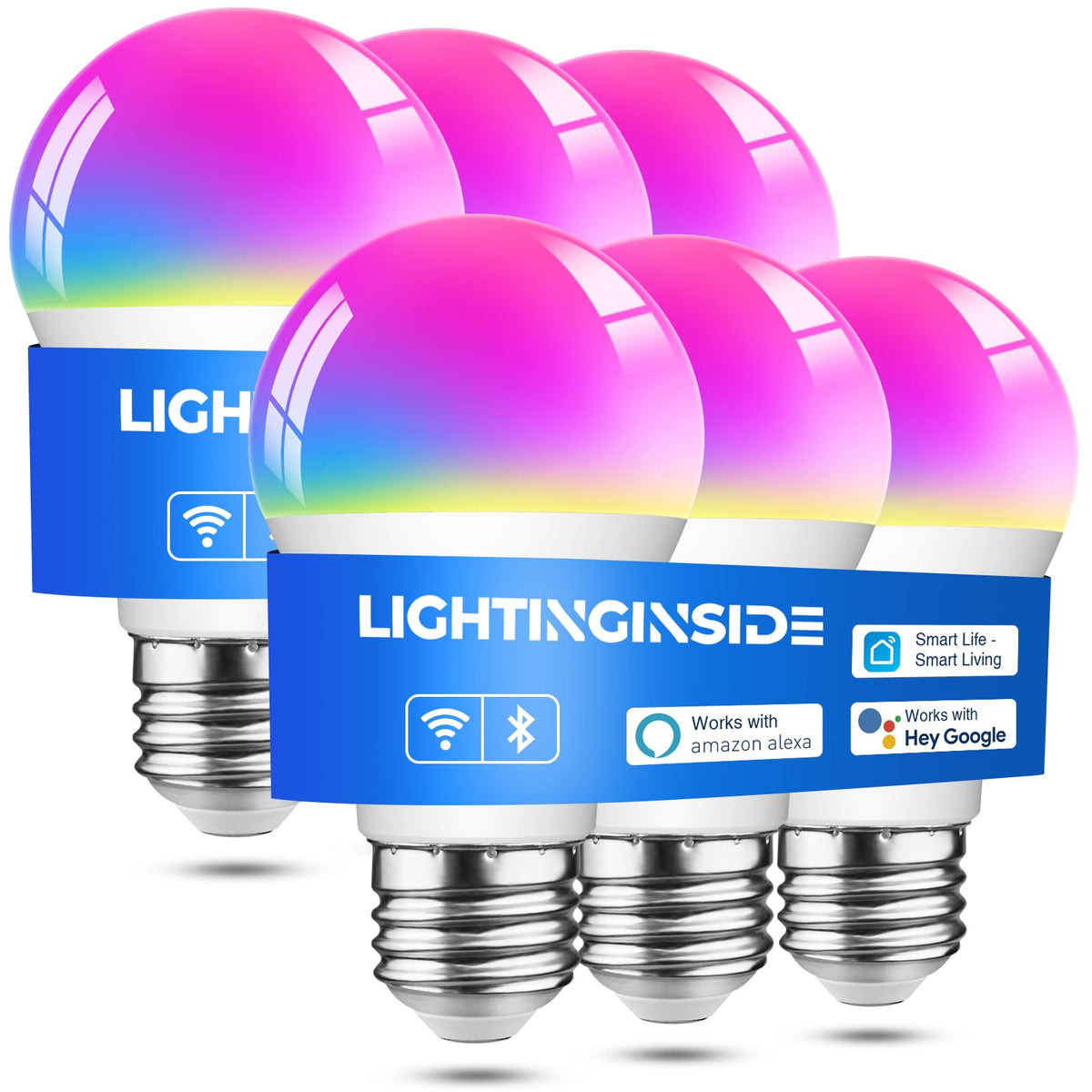 Lightinginside smart bulbs six-pack showing easy hub-free setup and voice control with Alexa.