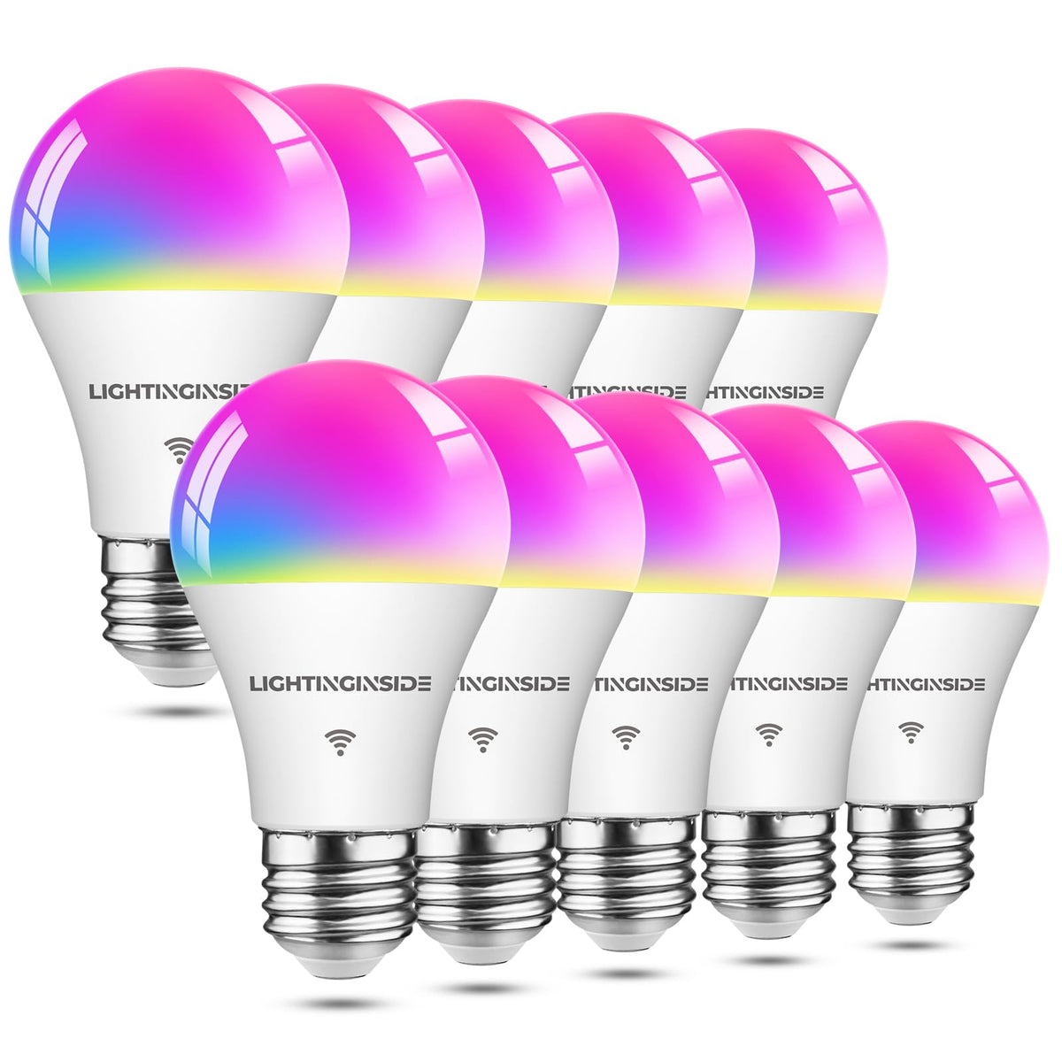 Lightinginside smart bulbs pack shot showing color-changing LEDs for customizable home lighting.