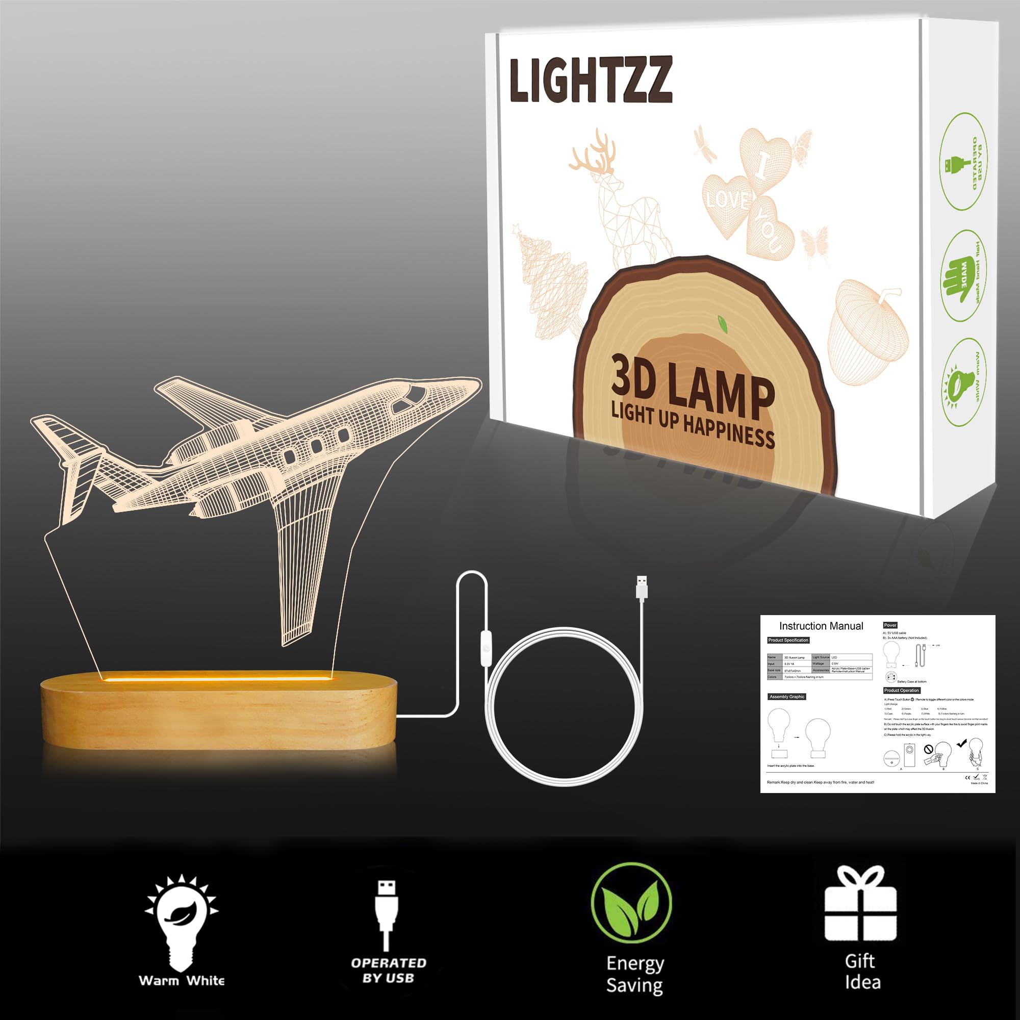 Lightzz airplane night light USB cable keeps setup tidy and flexible.