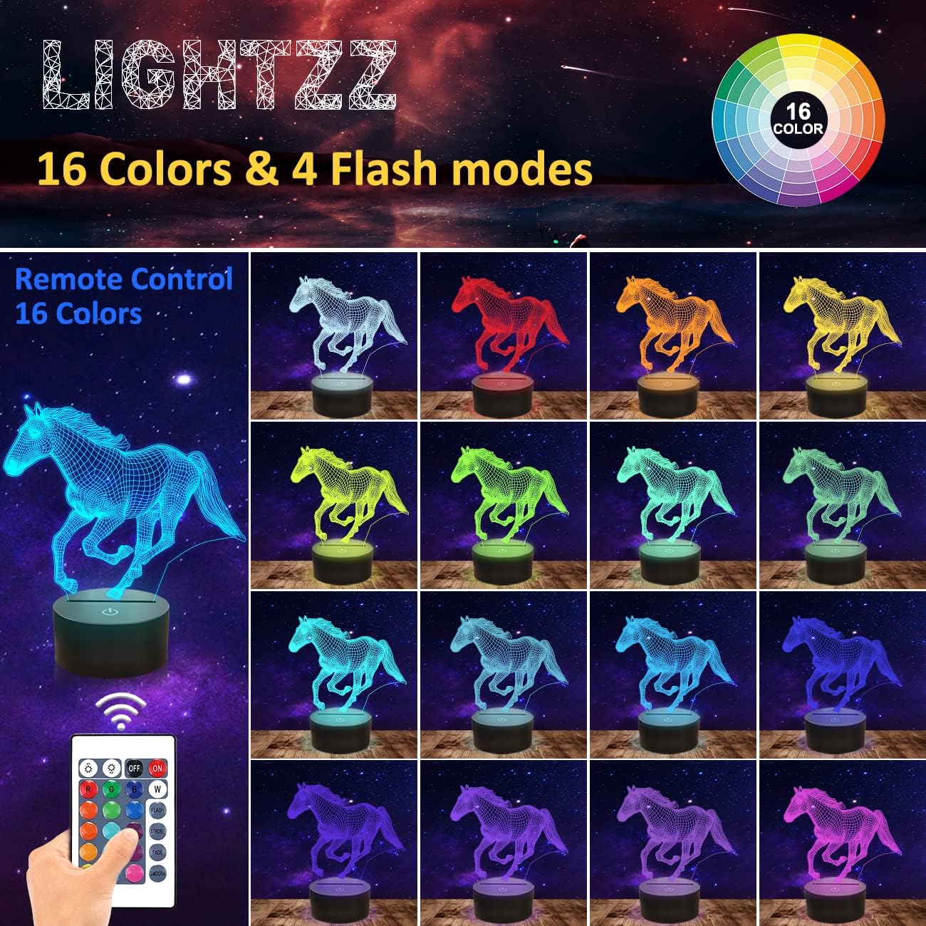 Lightzz horse lamp with remote control for easy color changes.
