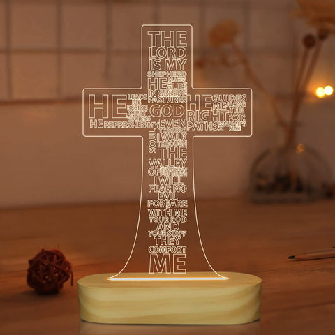 Lightzz Jesus Cross 3D Night Light on wooden base delivers cozy, safe illumination.
