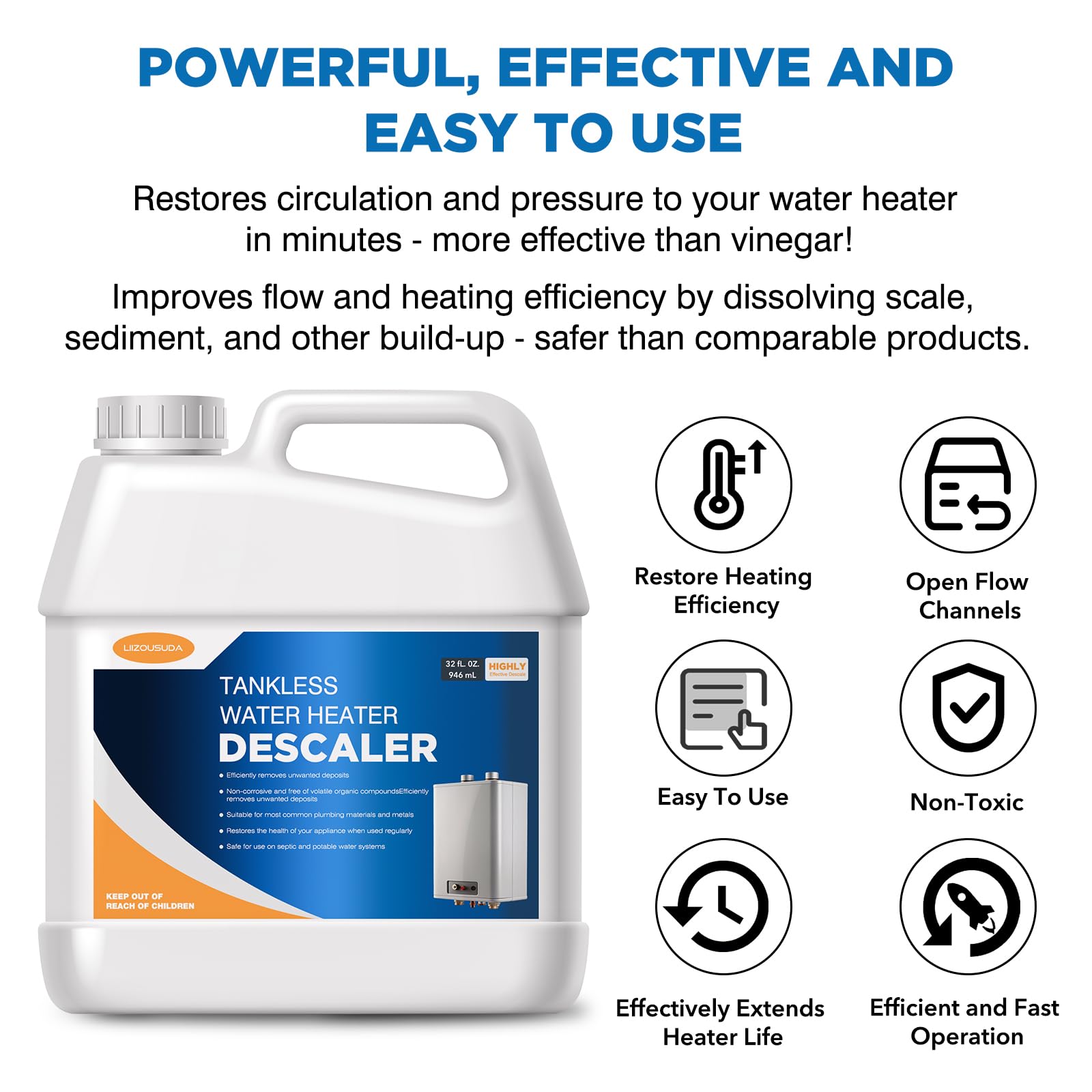 LIIZOUSUDA descaler flowways cleaning kit demonstrates rapid flush capability.