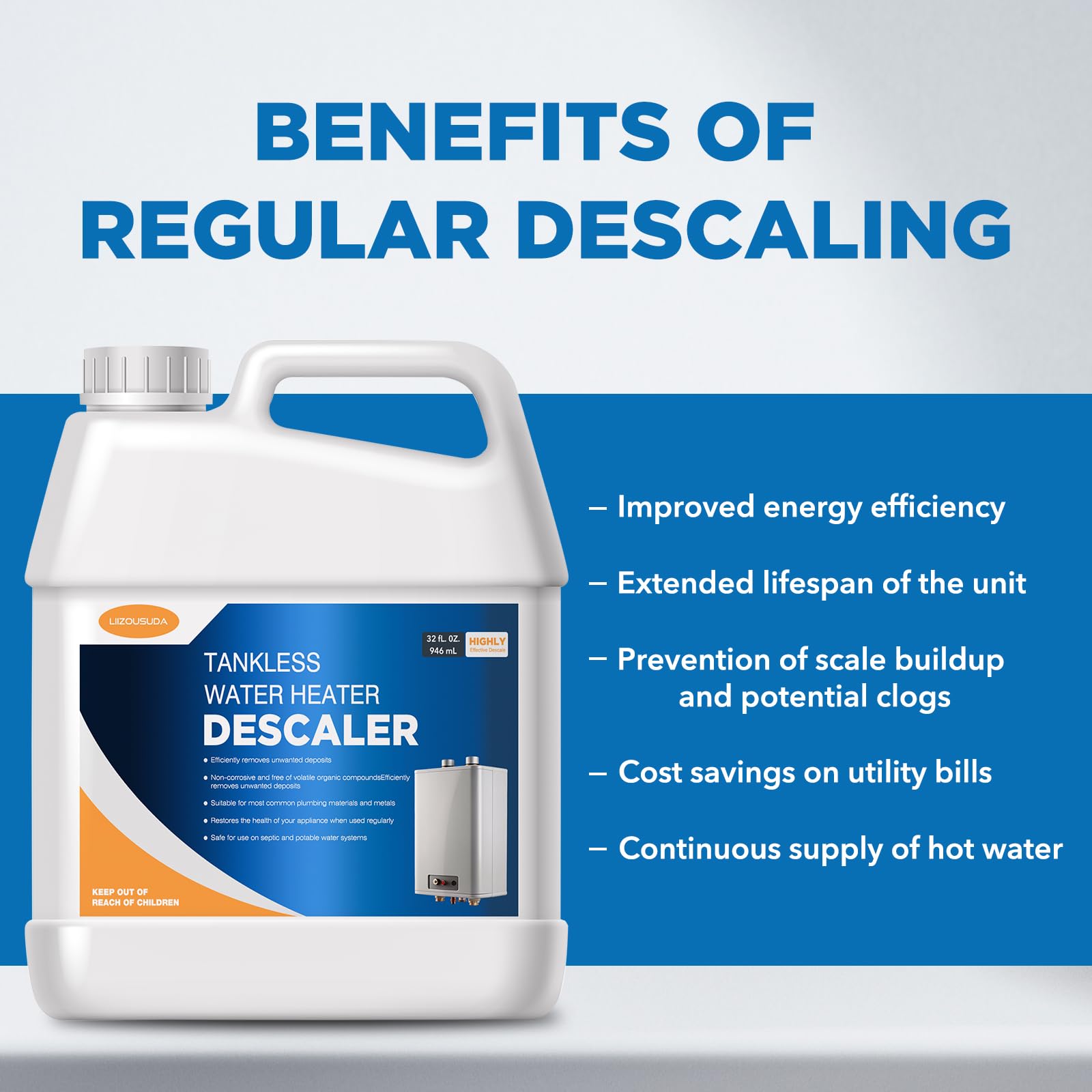 LIIZOUSUDA descaler bottle features a clear label for safe handling.