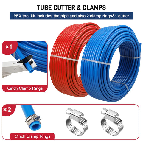 Likeem PEX pipe includes cutter and rings for quick setup.