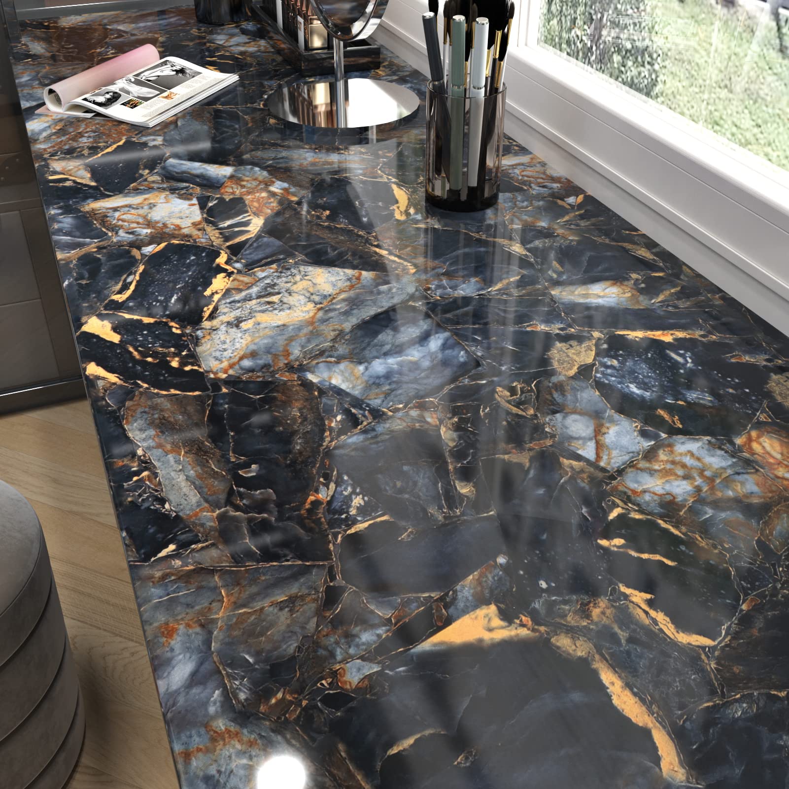 LIKILIKI black marble wallpaper roll applied on a kitchen surface for a durable, stylish finish