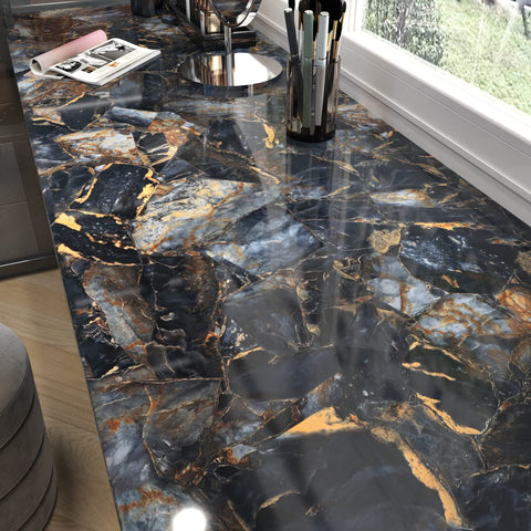 LIKILIKI black marble wallpaper roll applied on a kitchen surface for a durable, stylish finish